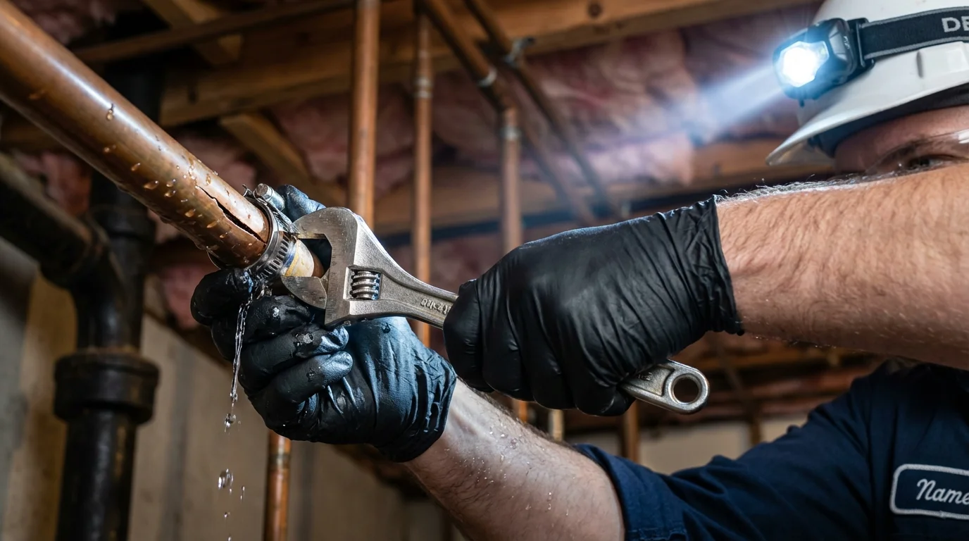 Emergency pipe clamp repair being performed by a Johns Plumbing LLC plumber in Citra