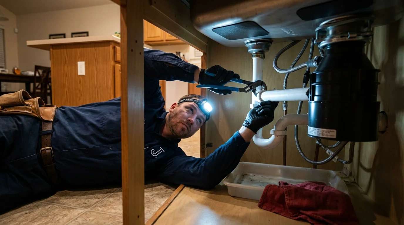 P-trap and supply line connections under a kitchen sink showing a common leak point in Citra, FL